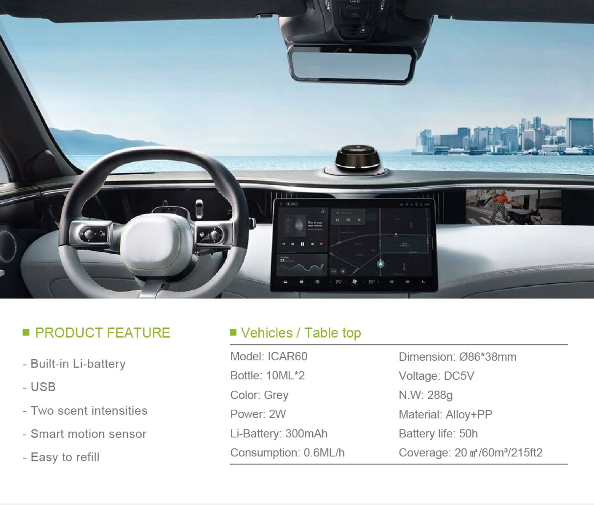 Smart car diffuser + 2 fragrances included,10 ml each